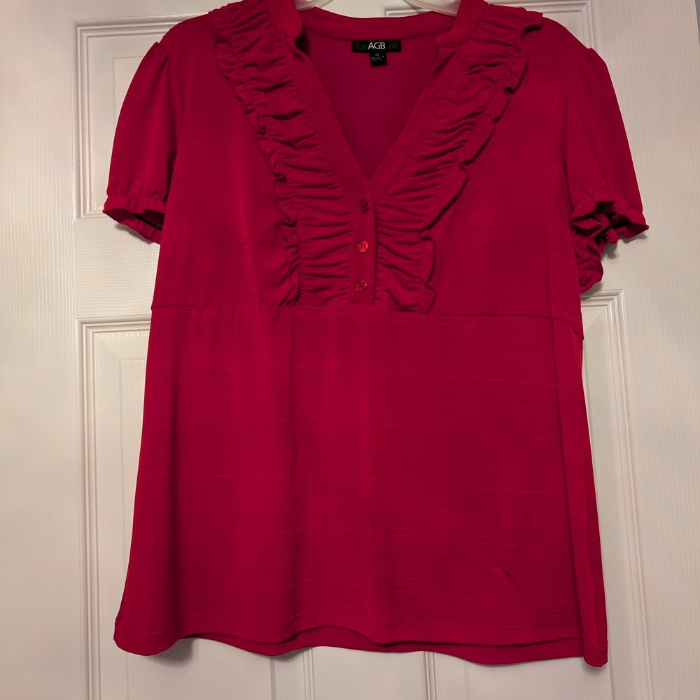 AGB Women's Vibrant Red Ruffled Blouse, Made In The USA, Size XL, EUC
